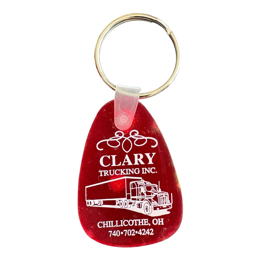 Vintage Clary Trucking Inc Chillicothe OH Red Acrylic Advertising Keychain Ring